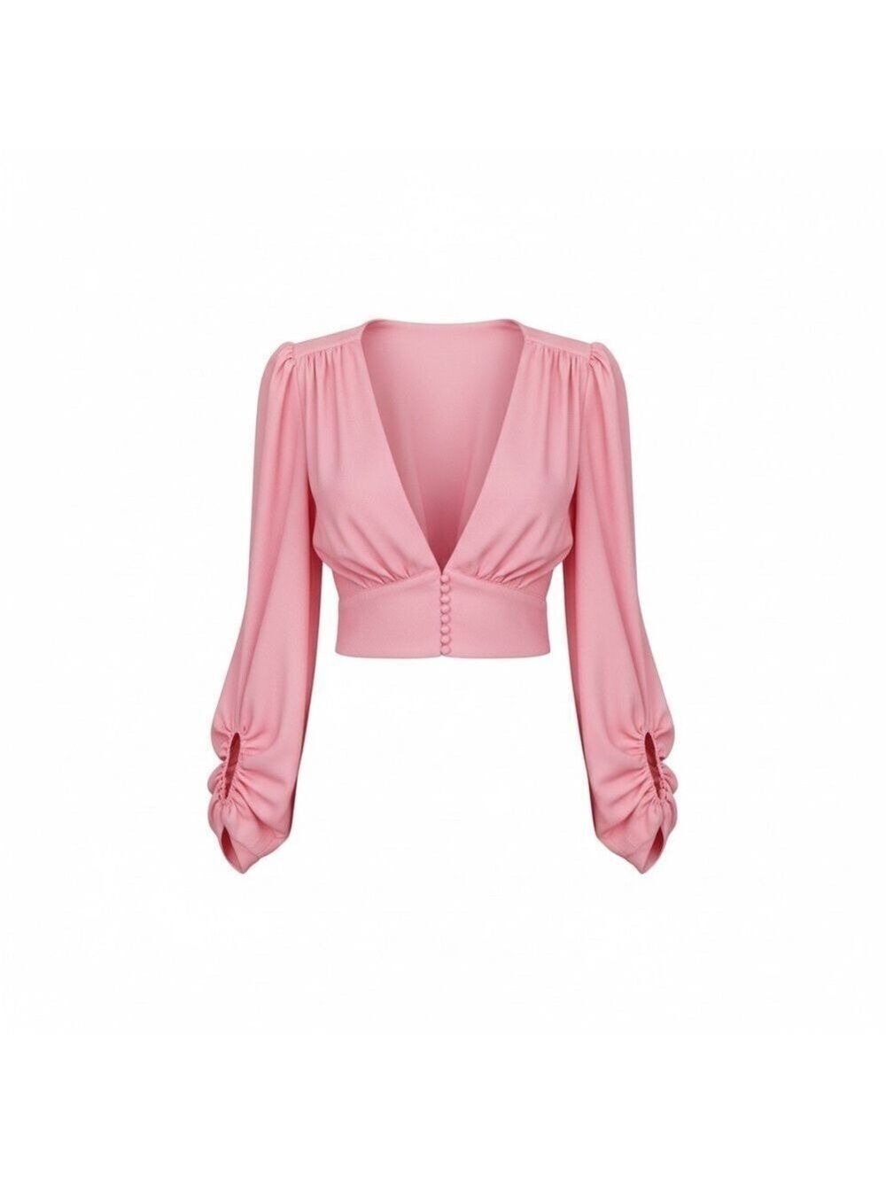 Signature8 Pink Deep V Crop Blouse Puff Sleeve